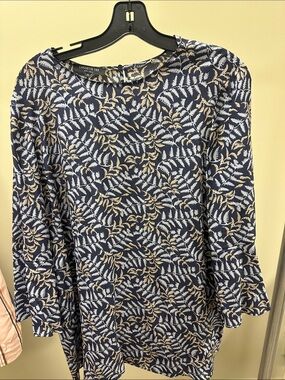 Lafayette 148 New York Navy and Cream Fern-Print Long Sleeve Tunic